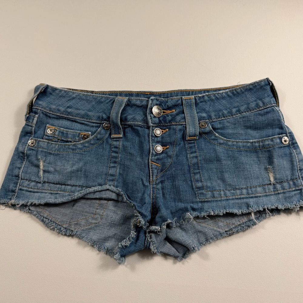 True Religion Brand Jeans Y2K Low Rise Denim Cutoff Shorts • Made in USA • 28